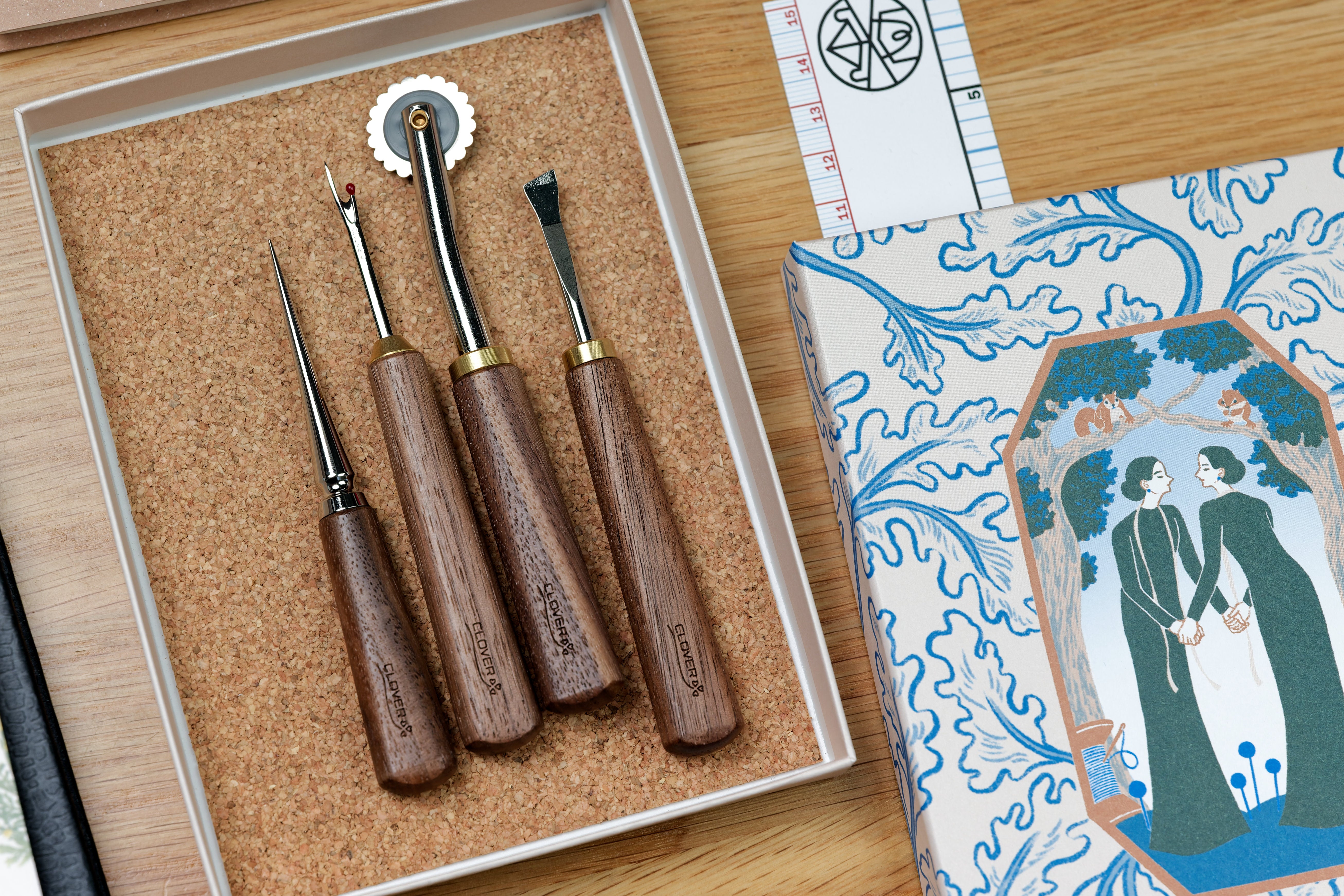 Premium Walnut Sewing Tools, Set of 4