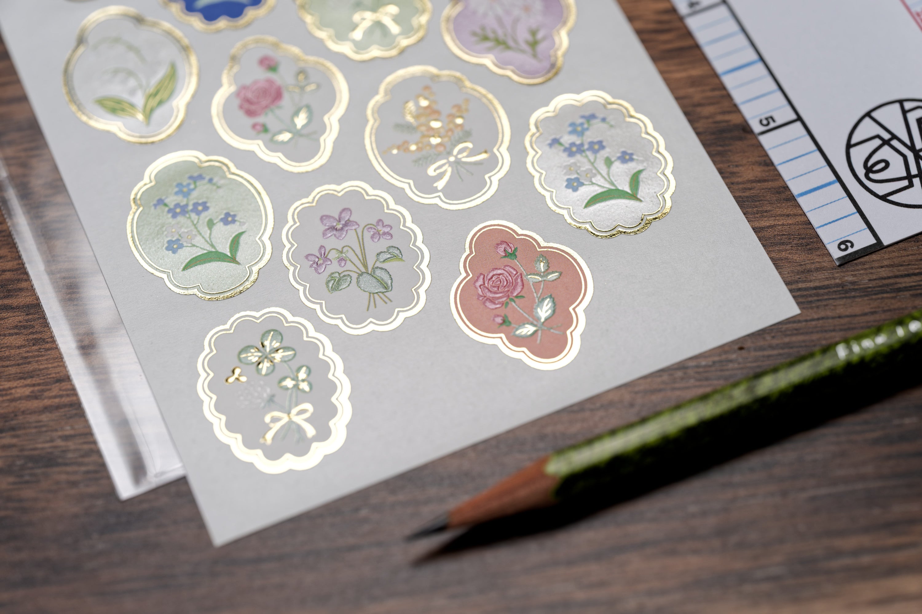 Embossed Foil Flower Seals, Set of 18