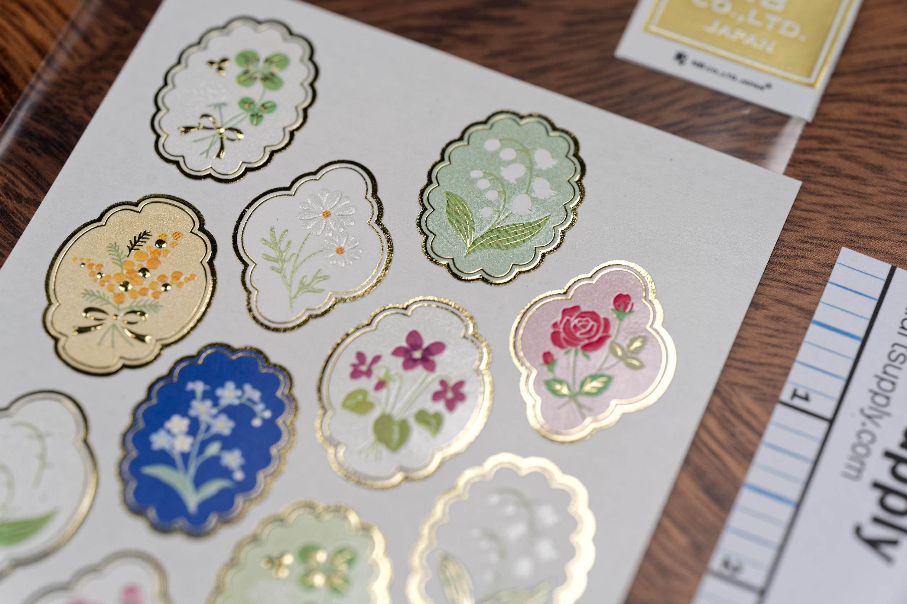 Embossed Foil Flower Seals, Set of 18