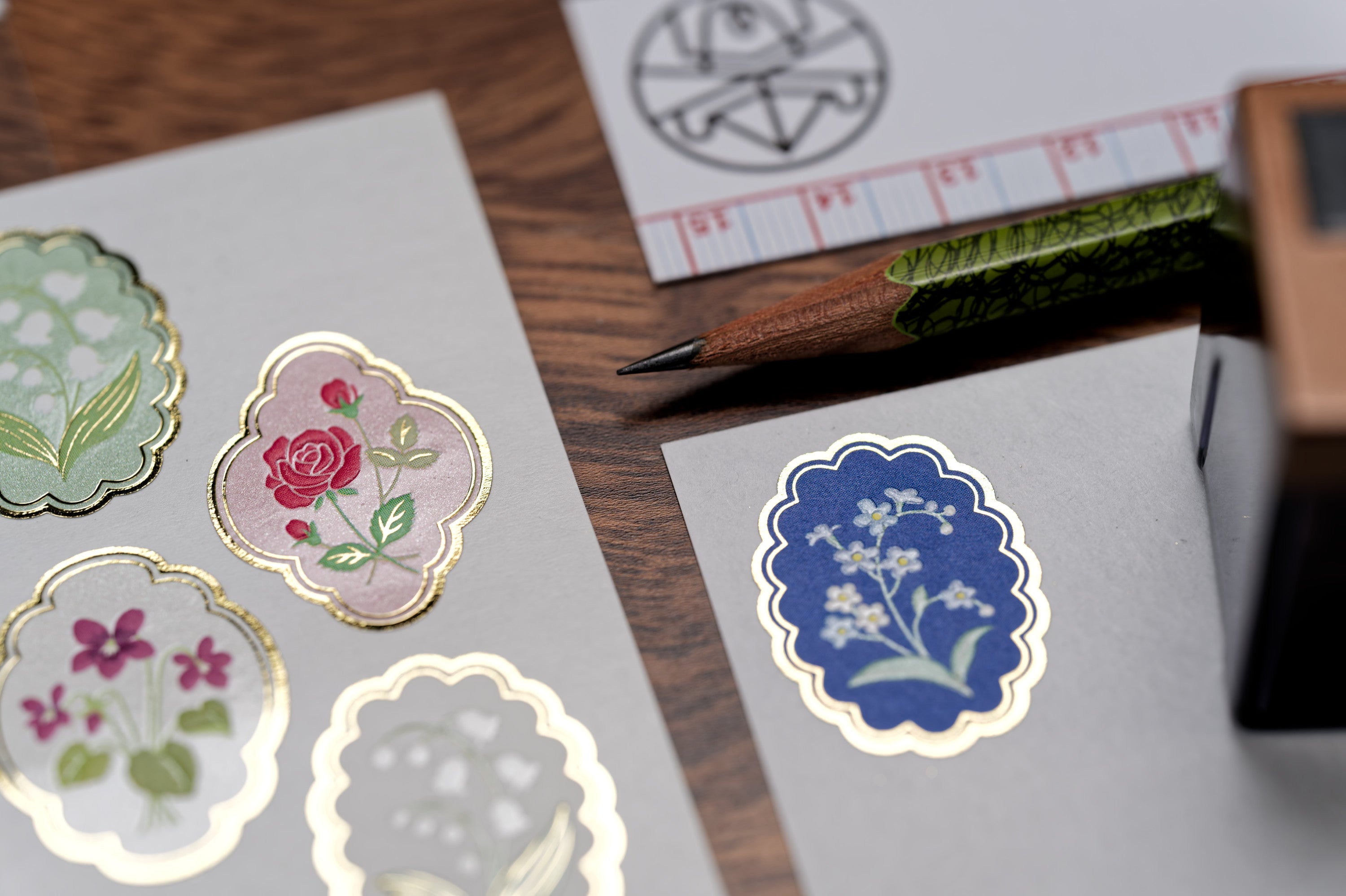 Embossed Foil Flower Seals, Set of 18