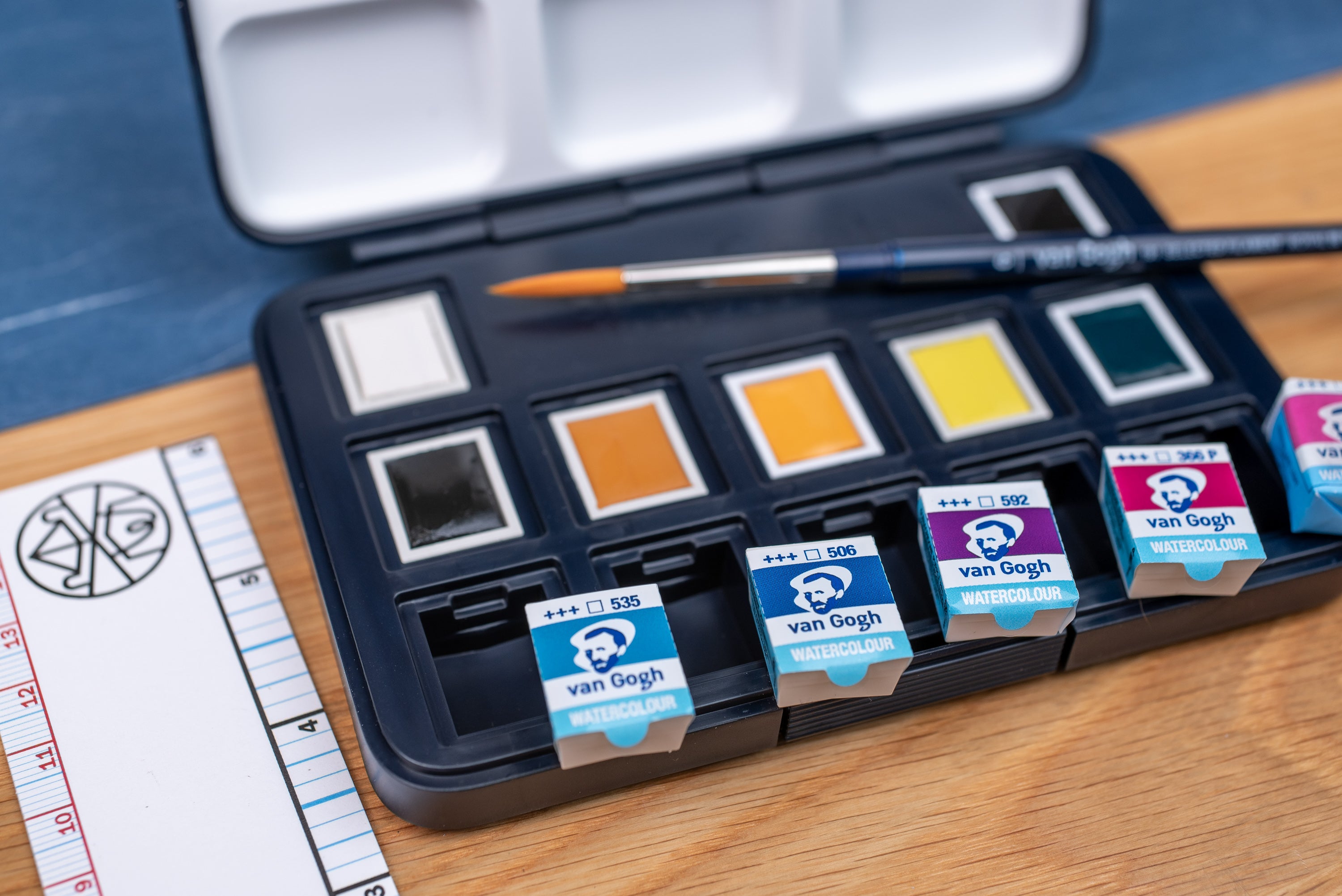 Van Gogh Empty Watercolor Box, 12 Slots + Travel Brush (Midnight Blue)
